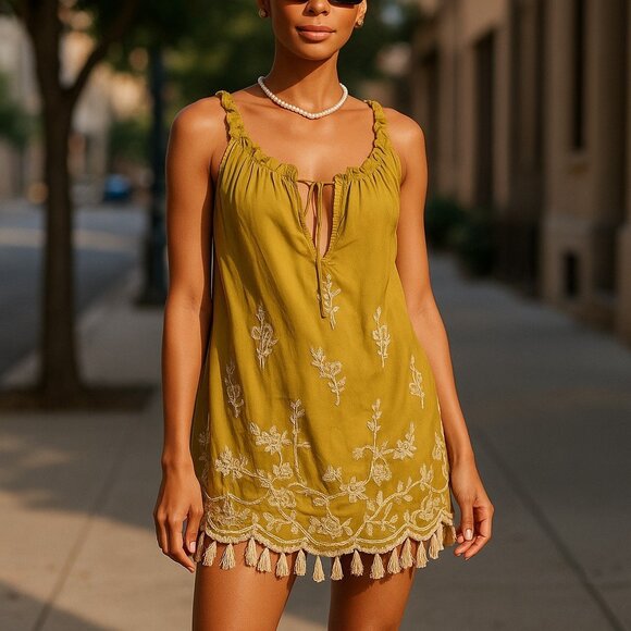 DAVID MEISTER Chartreuse Embroidered Silk Tunic Top L Dress Brocade Tapestry - Picture 16 of 16